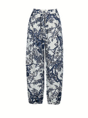  Floral Print Elastic Drawstring High Rise Slight Stretch Carrot Pants