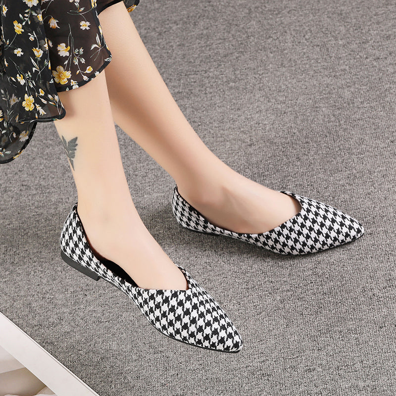 Women's Houndstooth Ballet Flats Soft Sole Slip On Shoes