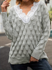  V Neck Sweater with Lace Long Sleeve