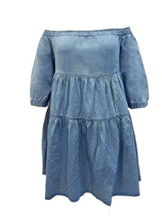  Smock Denim Dress Women Off Shoulder Bubble Sleeve