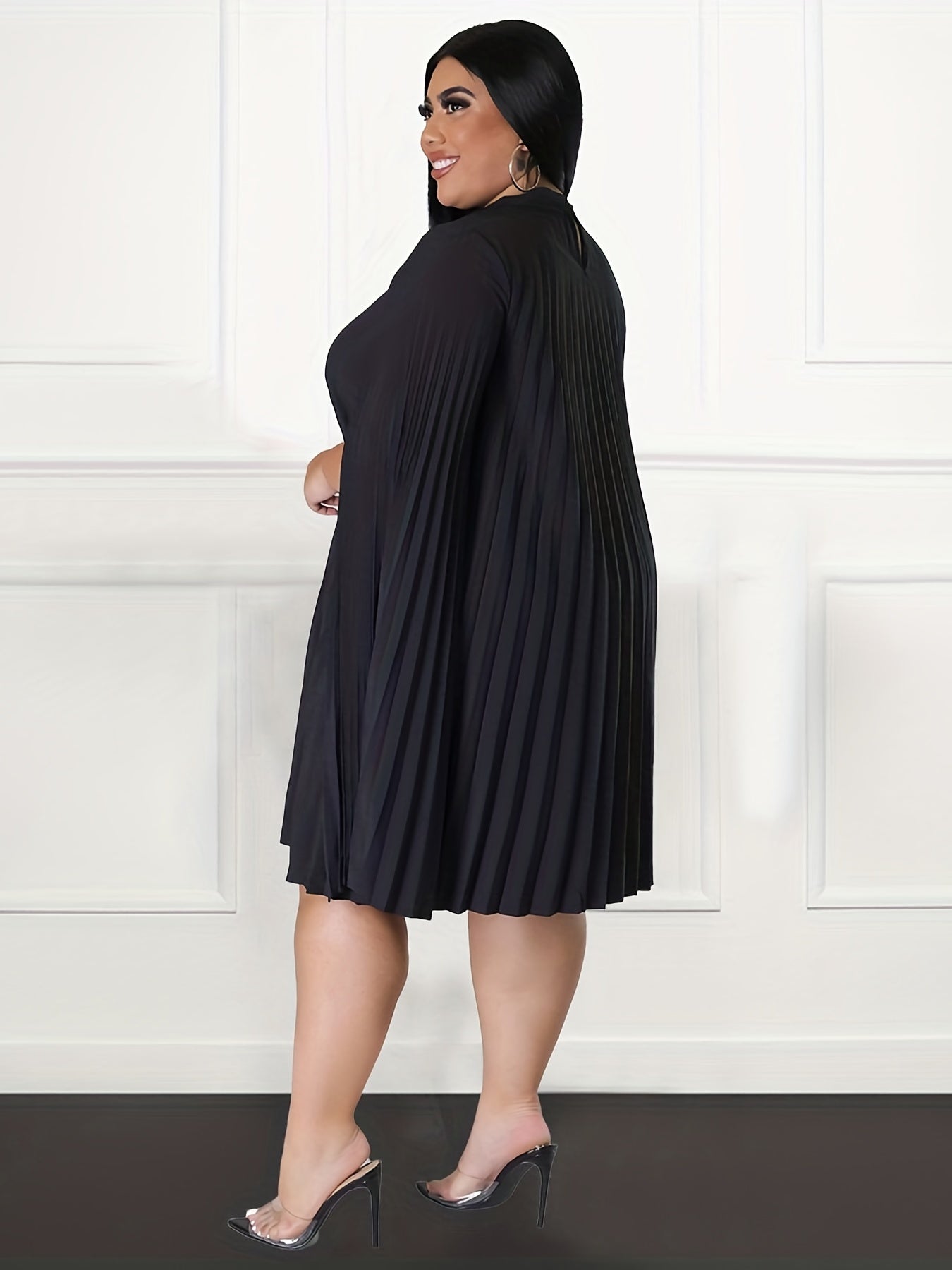  Dress Women's Plain Cloak Pleated Round Neck Dress