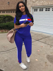 Block Two Piece Set Crew Neck Top & Drawstring Pants