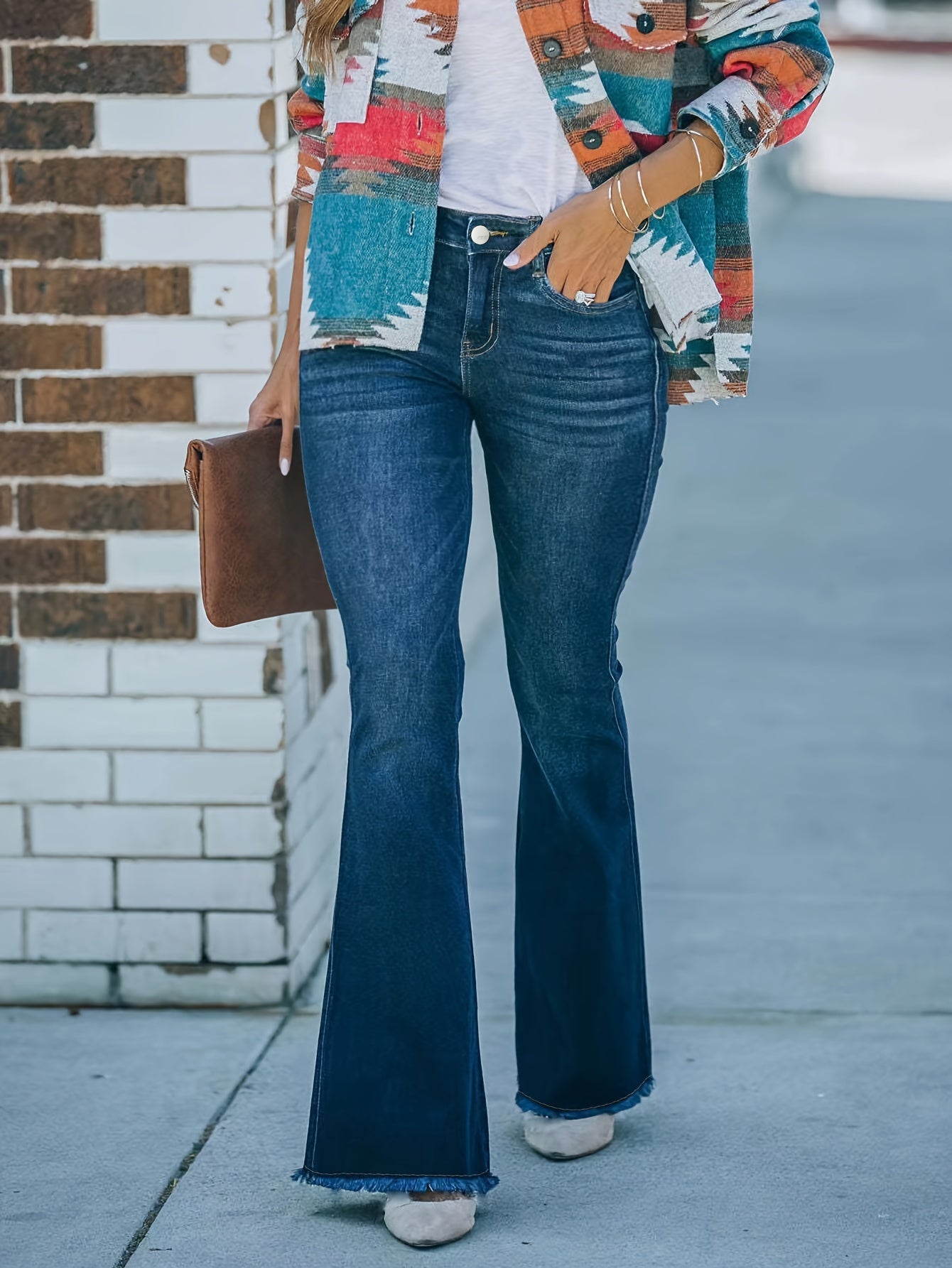  Casual Jeans Women's Plus Solid Raw Trim Button Fly High Rise