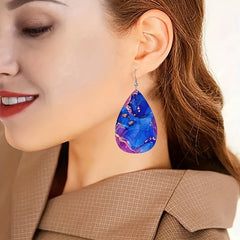 Purple Pattern Teardrop Dangle Earrings PU Leather Jewelry