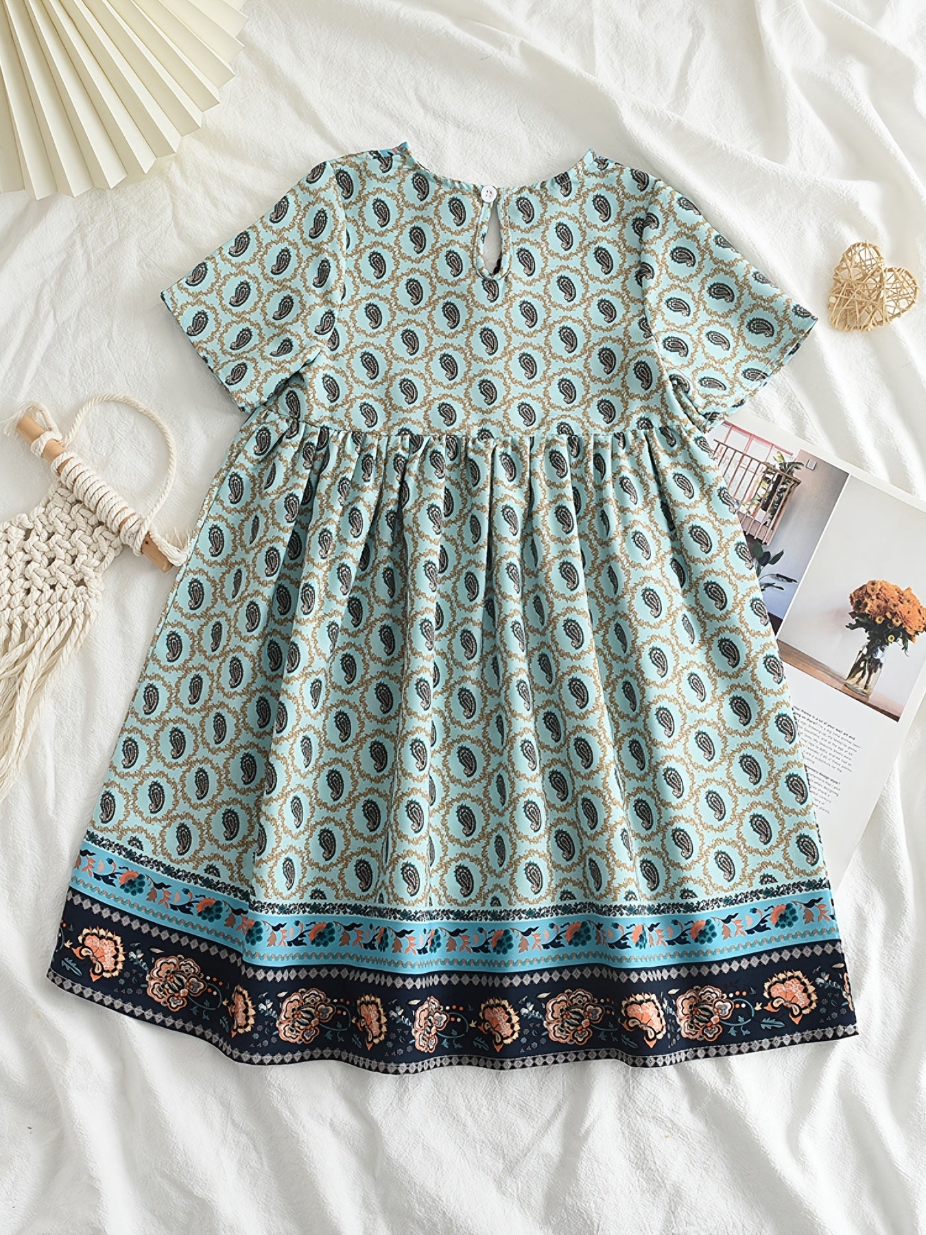 Girls' Ethnic Flowers Print V neck Summer Dress