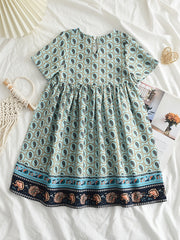 Girls' Ethnic Flowers Print V neck Summer Dress