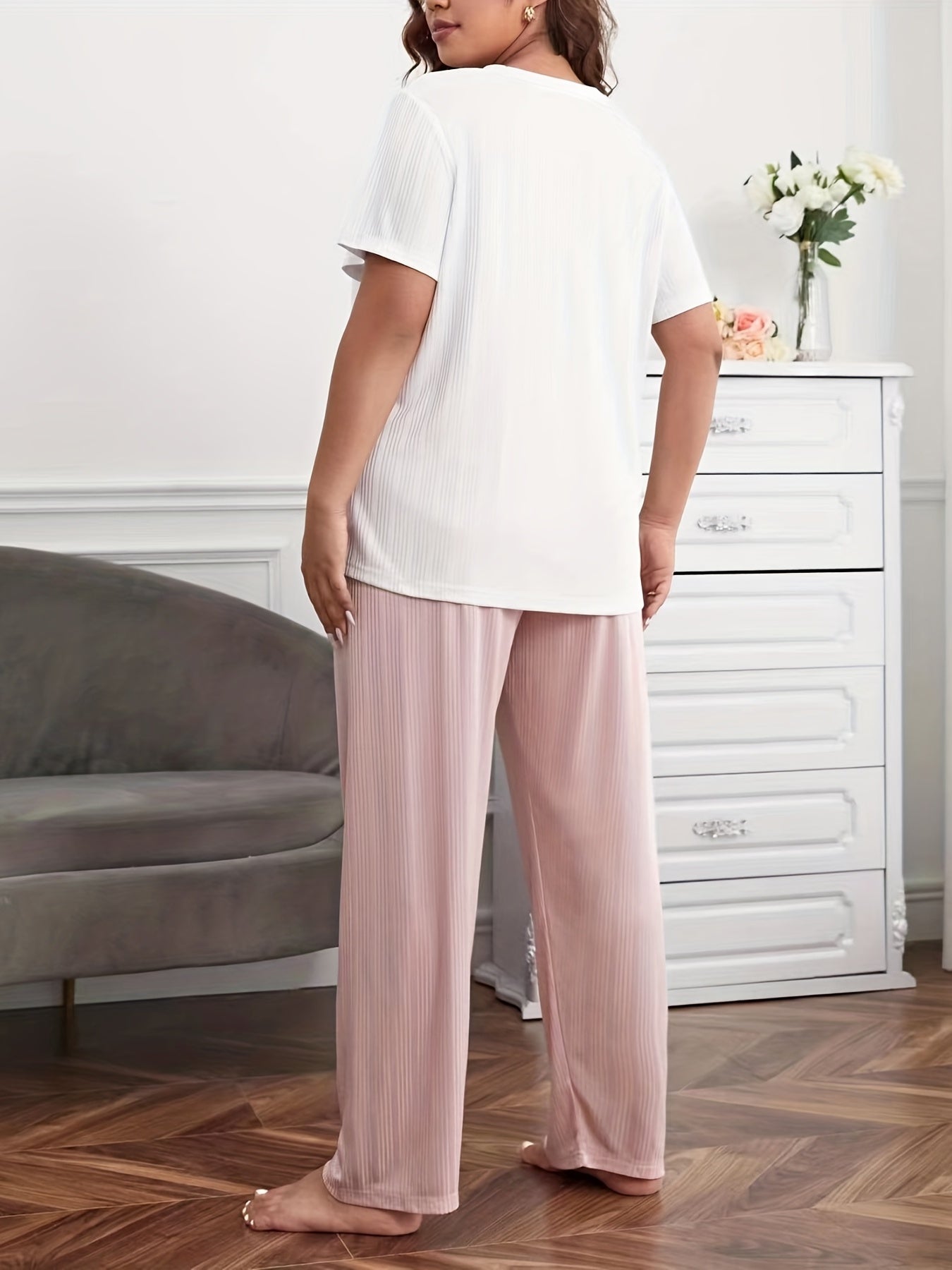  Striped & Bunny Print Pajama Set Short Sleeve Crew Neck Top & Pants