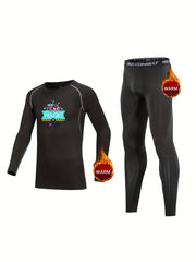 Kids Compression Fleece Sets, Cartoon Letter Pullover, Elastic Waist
