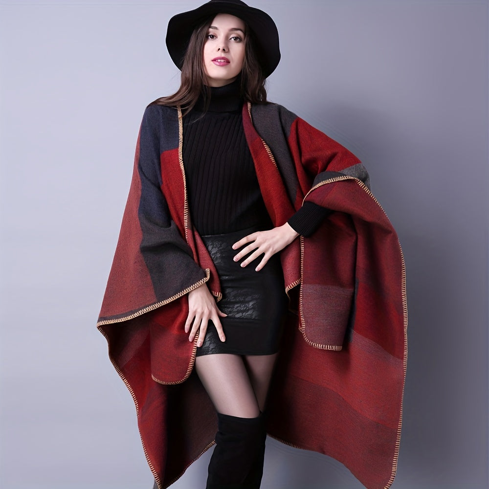 Vintage Block Shawl Cashmere Warm Wrap Large Blanket Scarf Poncho Capes Cloak