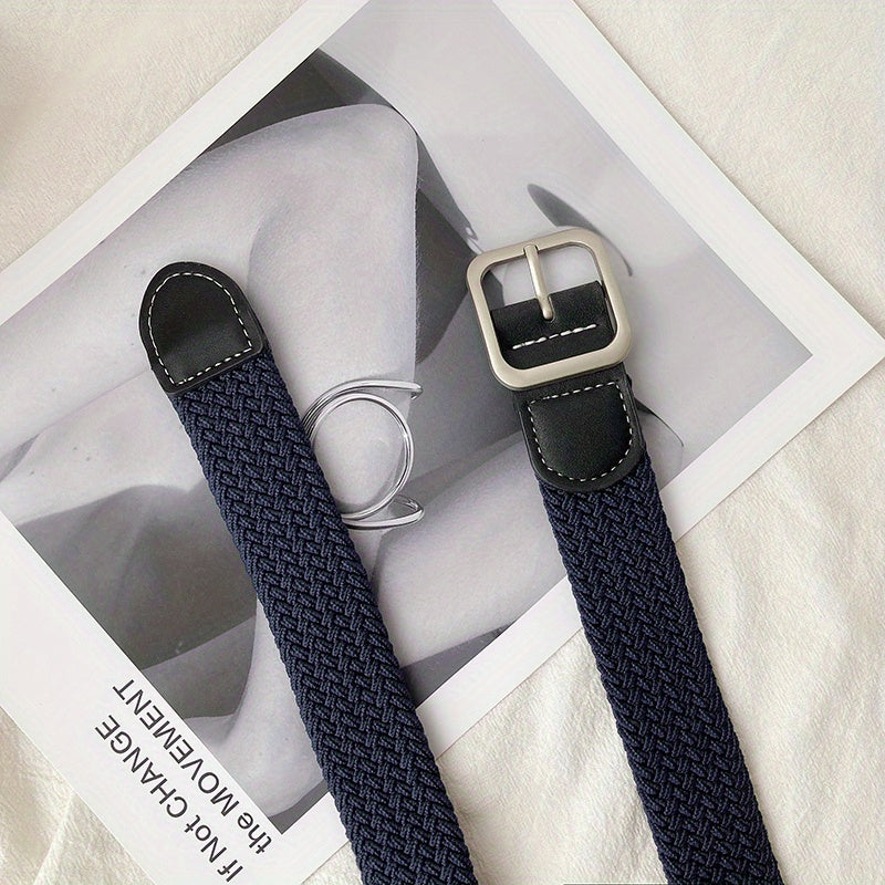 Elastic Woven Canvas Belt Men Women Casual Square Buckle