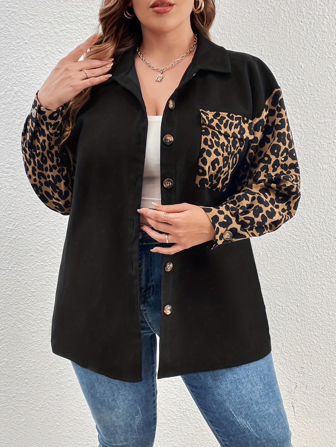  Colorblock Leopard Print Long Sleeve Blouse