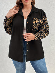  Colorblock Leopard Print Long Sleeve Blouse
