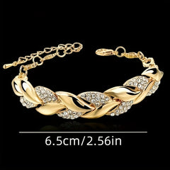 Braided Leaf Charm Crystal Wedding Bracelet for Women