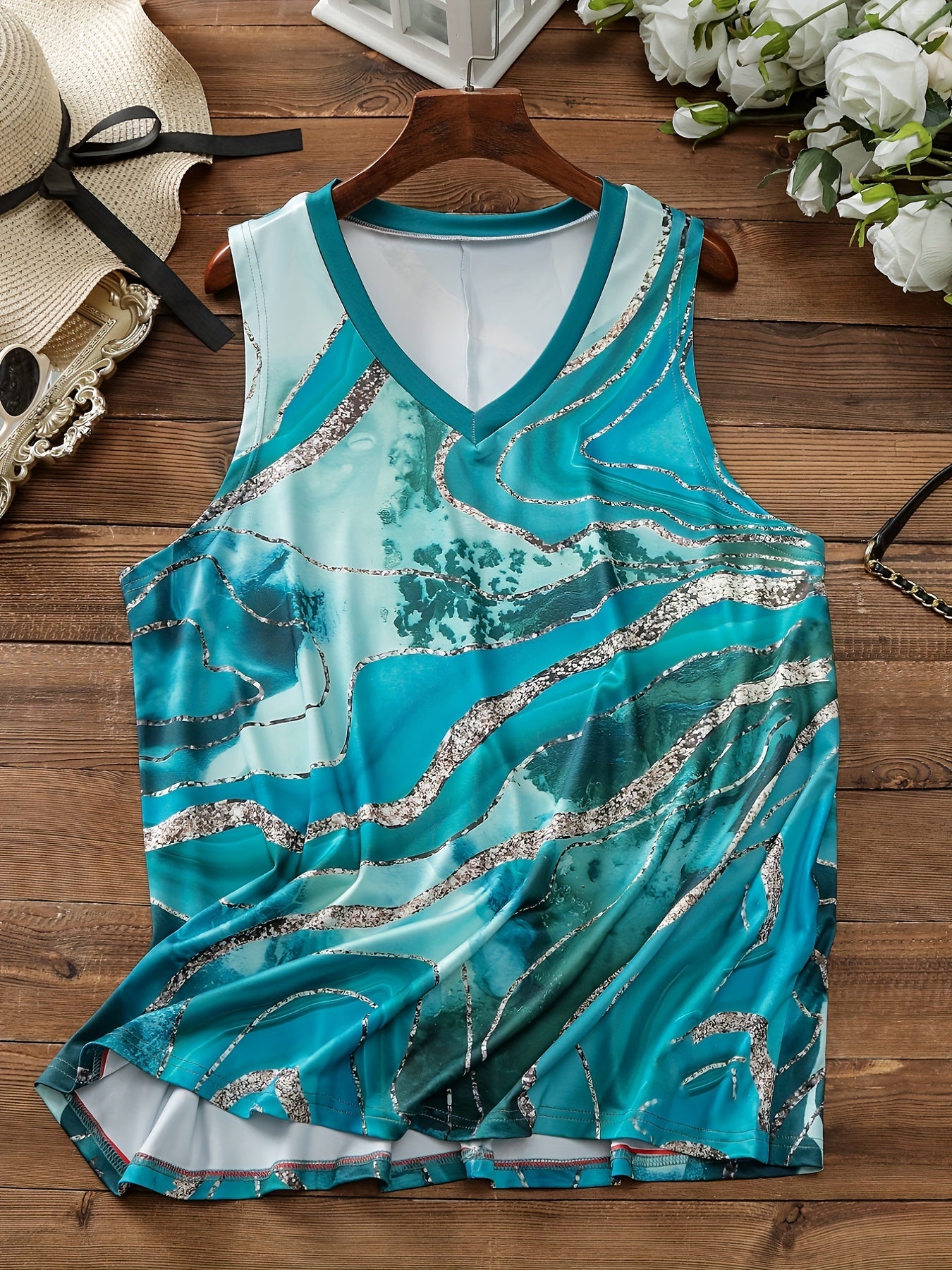  Marble Print V-Neck Tank Top