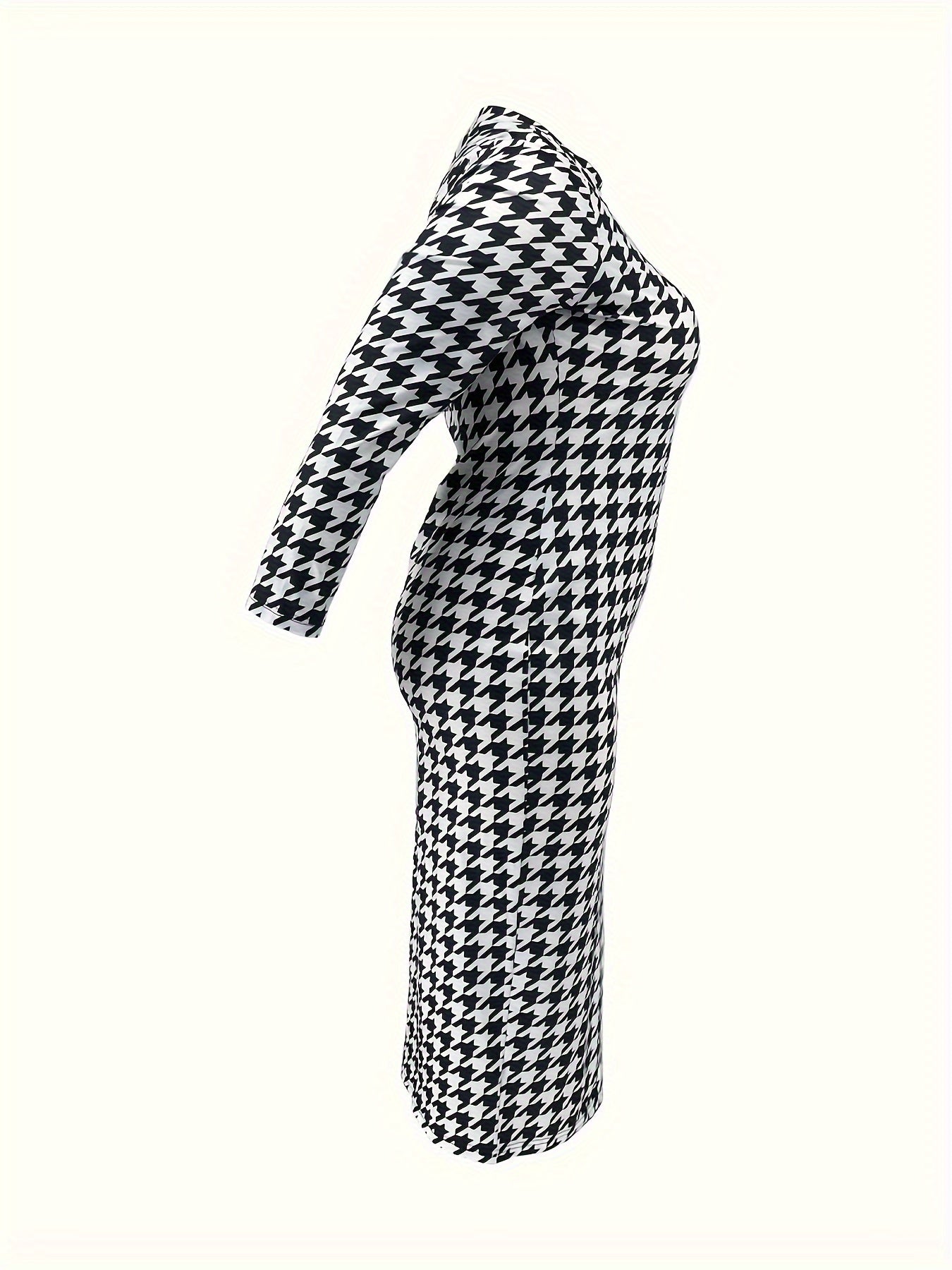  Women's Houndstooth Print Long Sleeve Maxi Dress