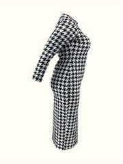  Women's Houndstooth Print Long Sleeve Maxi Dress