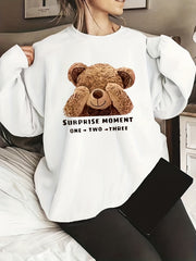 Bear Print Crew Neck Pullover Sweatshirt for Women