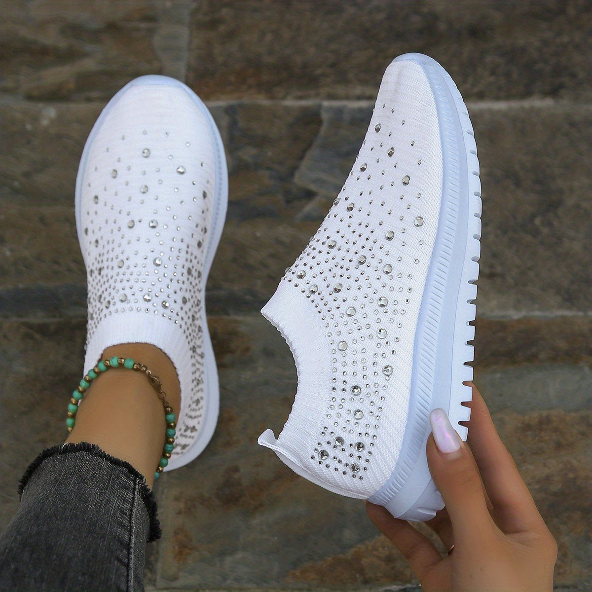 Women's Rhinestone Slip on Sneakers Breathable Low Top Shoes