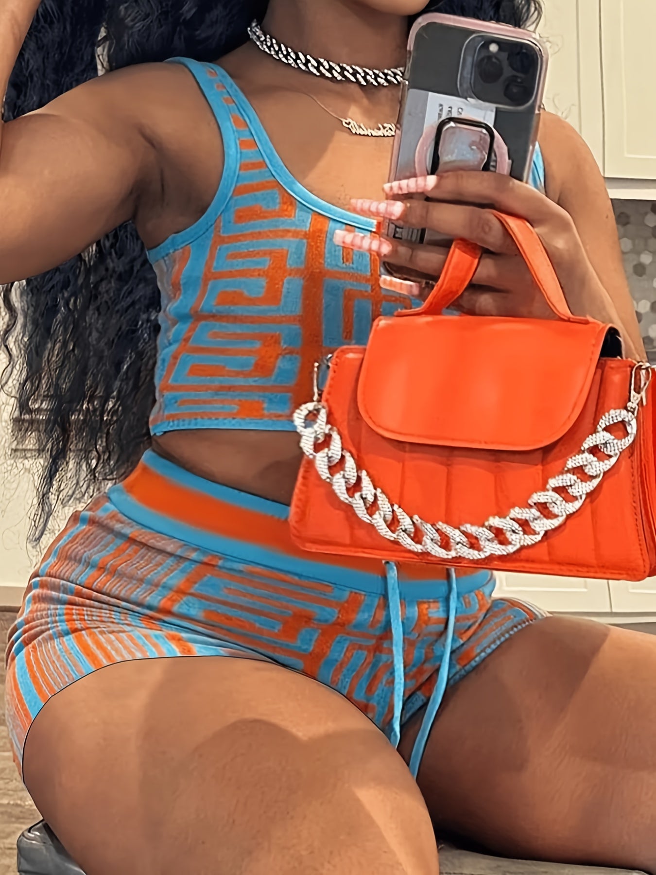  Greek Print Crop Tank Top & Drawstring Shorts Set