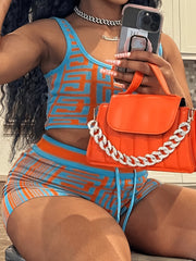  Greek Print Crop Tank Top & Drawstring Shorts Set