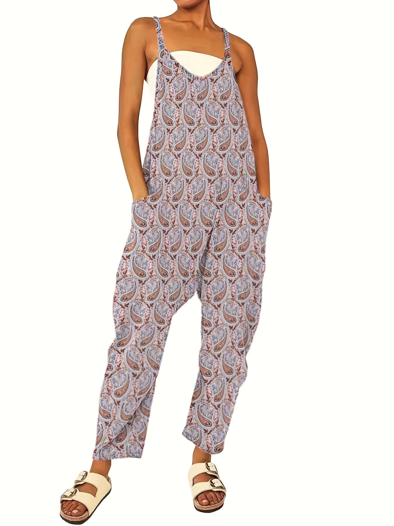 Paisley Print Dual Pockets Overall Jumpsuit