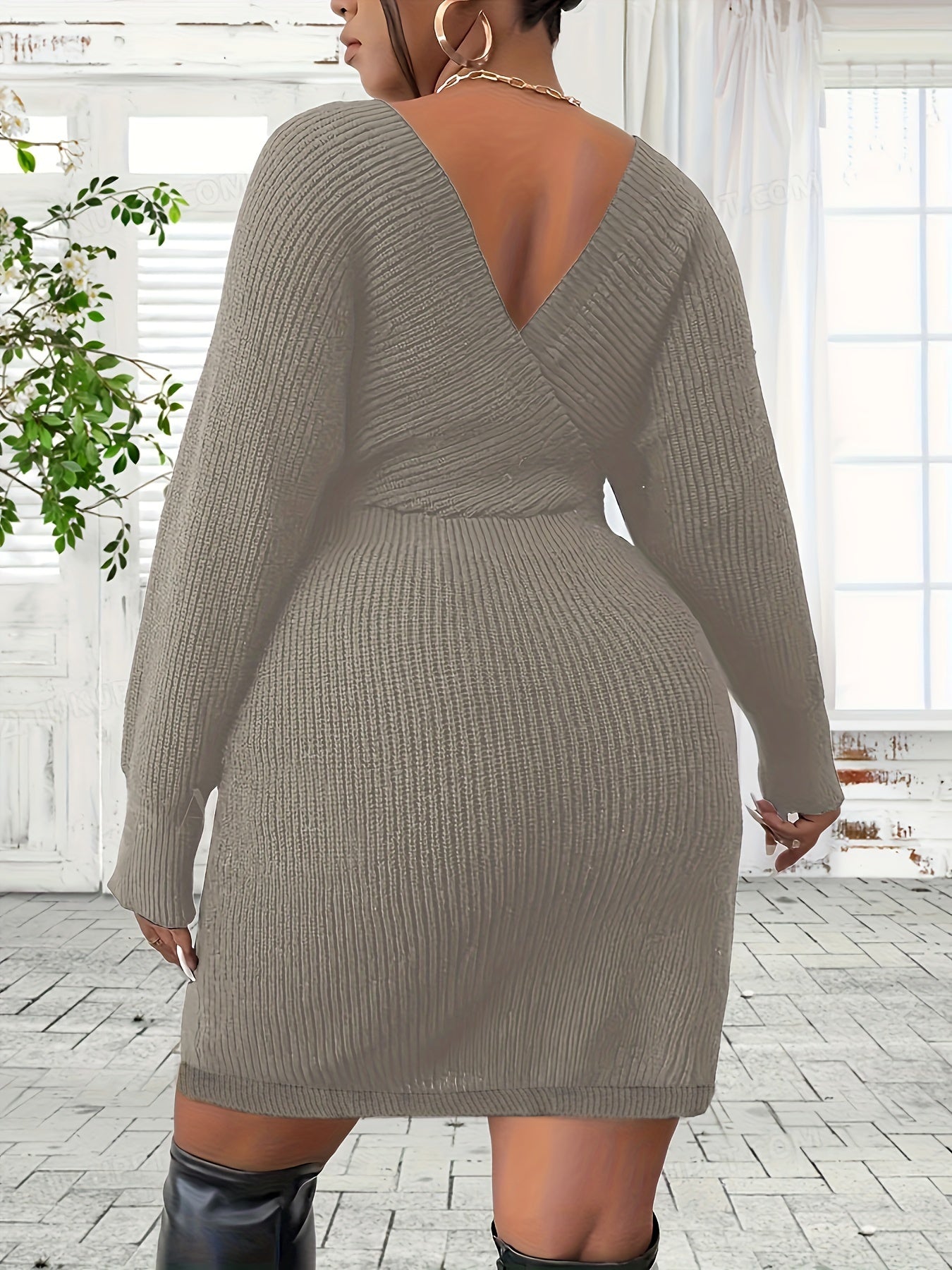  Solid Ribbed Surplice Neck Bat Sleeve Mini Dress