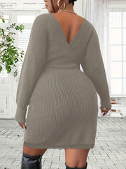  Solid Ribbed Surplice Neck Bat Sleeve Mini Dress