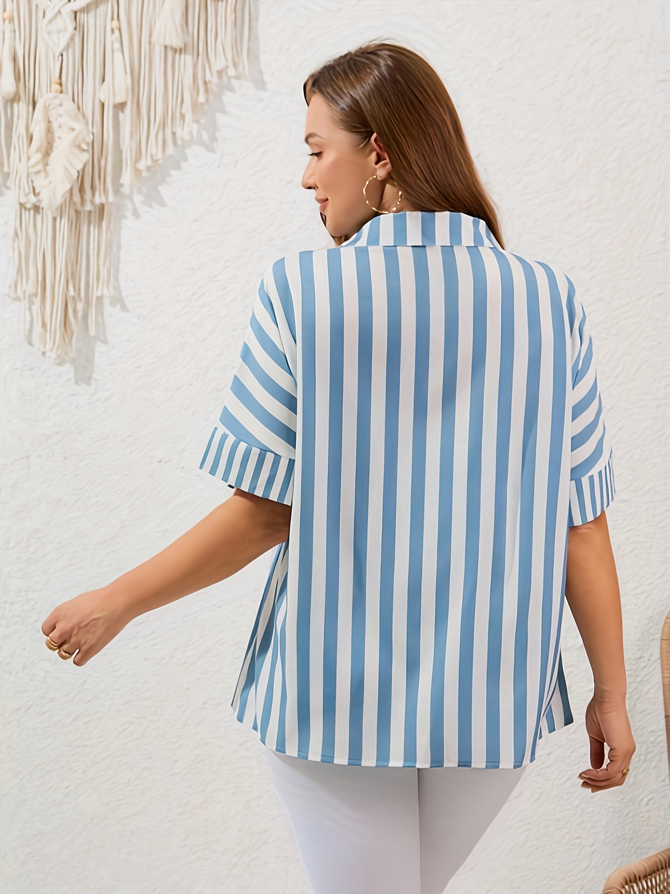  Nautical Stripe Print Button Up Bat Sleeve Shirt
