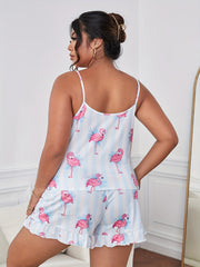  Stripe & Flamingo Print Cami & Shorts Lounge Set