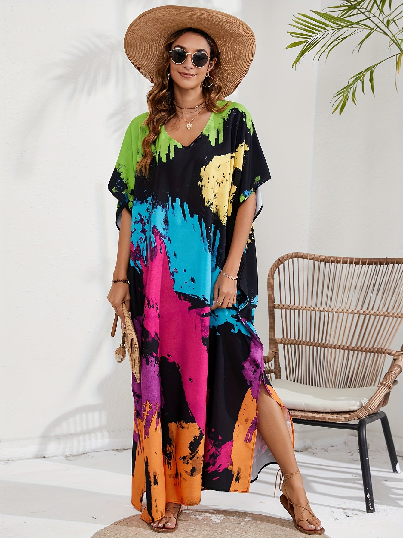  Tie Dye Batwing Sleeve Maxi Beach Cover Up Dress