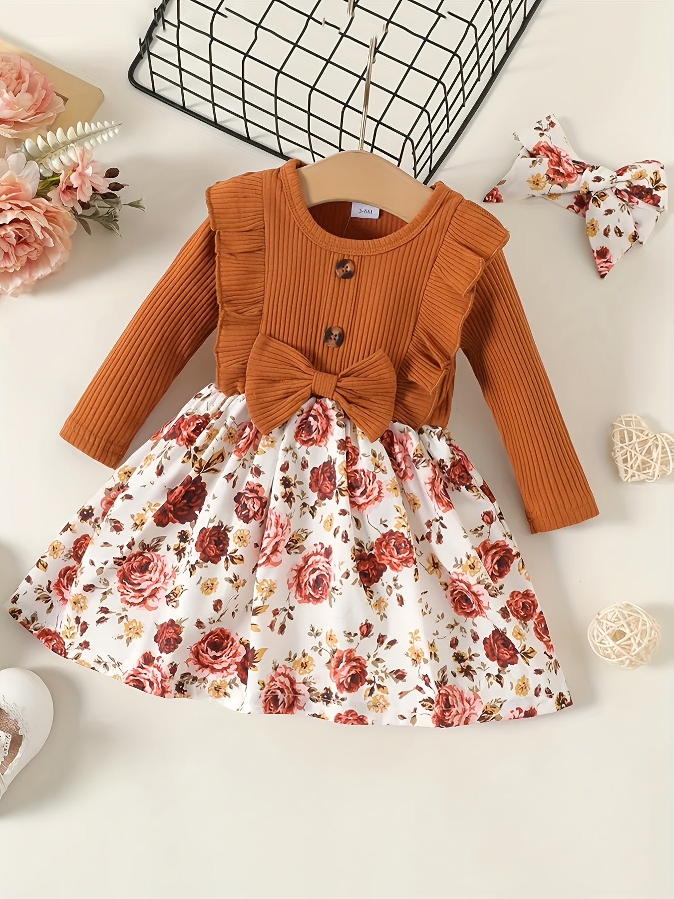 Baby Girl Autumn Bow Ruffle Floral Dress