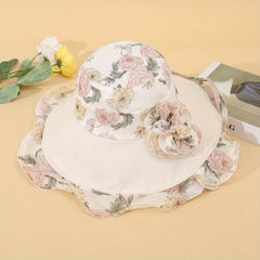 Chiffon Ruffles Floral Bucket Hat Wide Brim Sunscreen Fisherman Cap