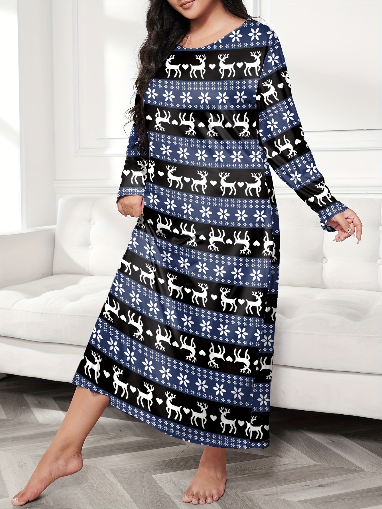  Christmas Lounge Dress Elk & Heart Stripe Print Long Sleeve Te