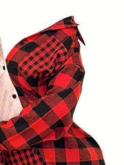  Colorblock Gingham Print Long Sleeve Dress