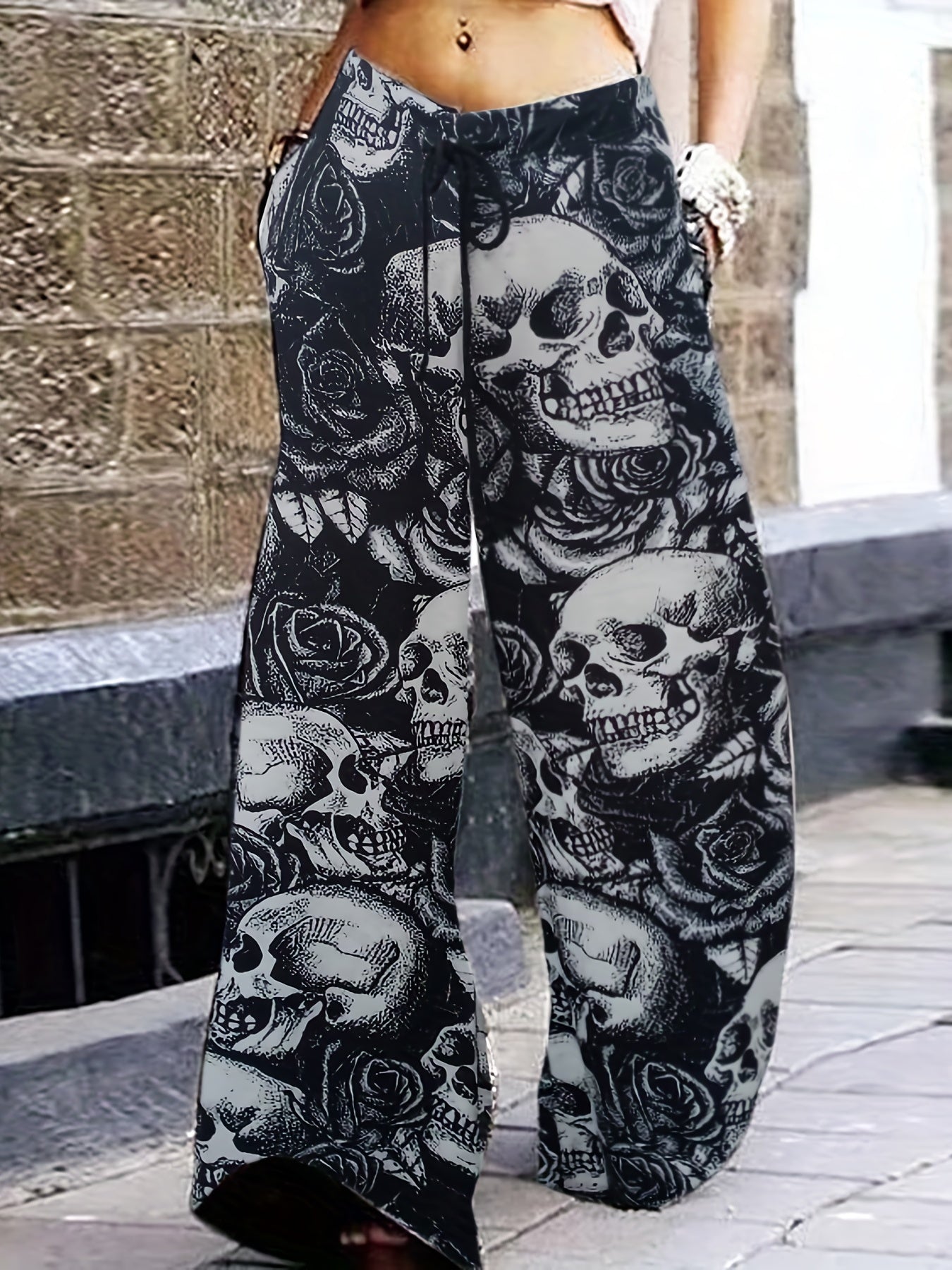  Halloween Skull Print Wide Leg Pants
