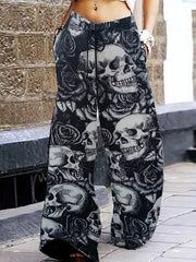  Halloween Skull Print Wide Leg Pants