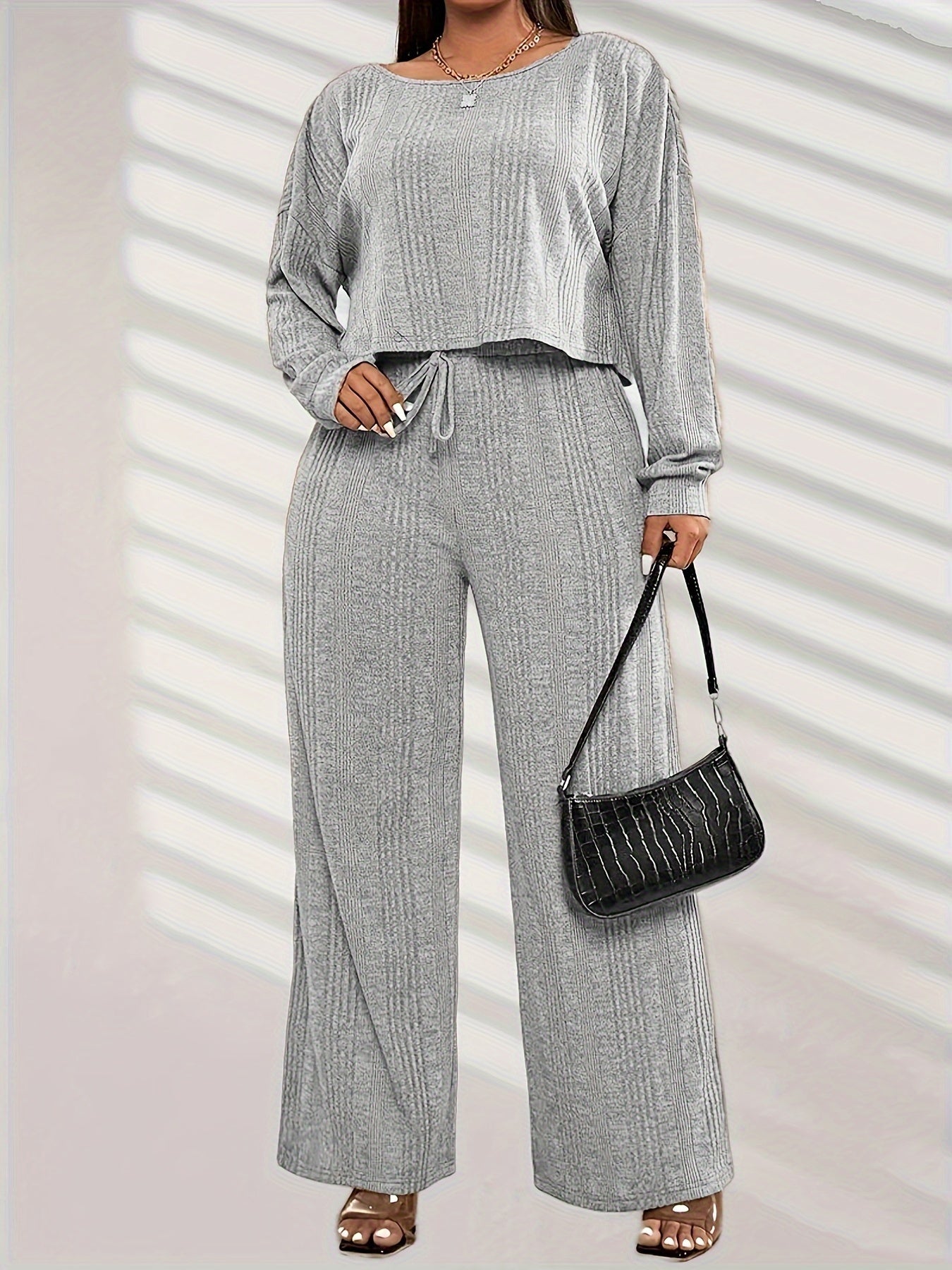 Ribbed Knit Tee & Tie Front Pants Pajamas Set