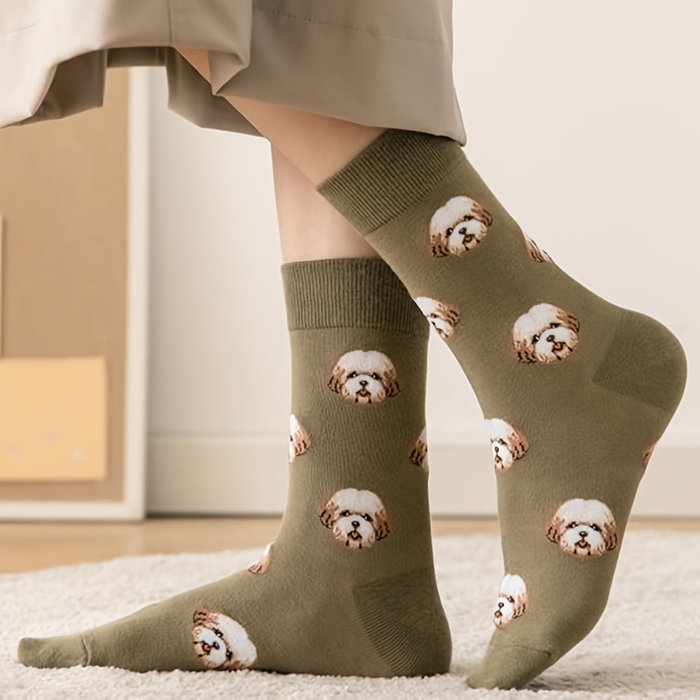 5 Pairs Women's Cotton Dog Pattern Crew Socks Multicolor