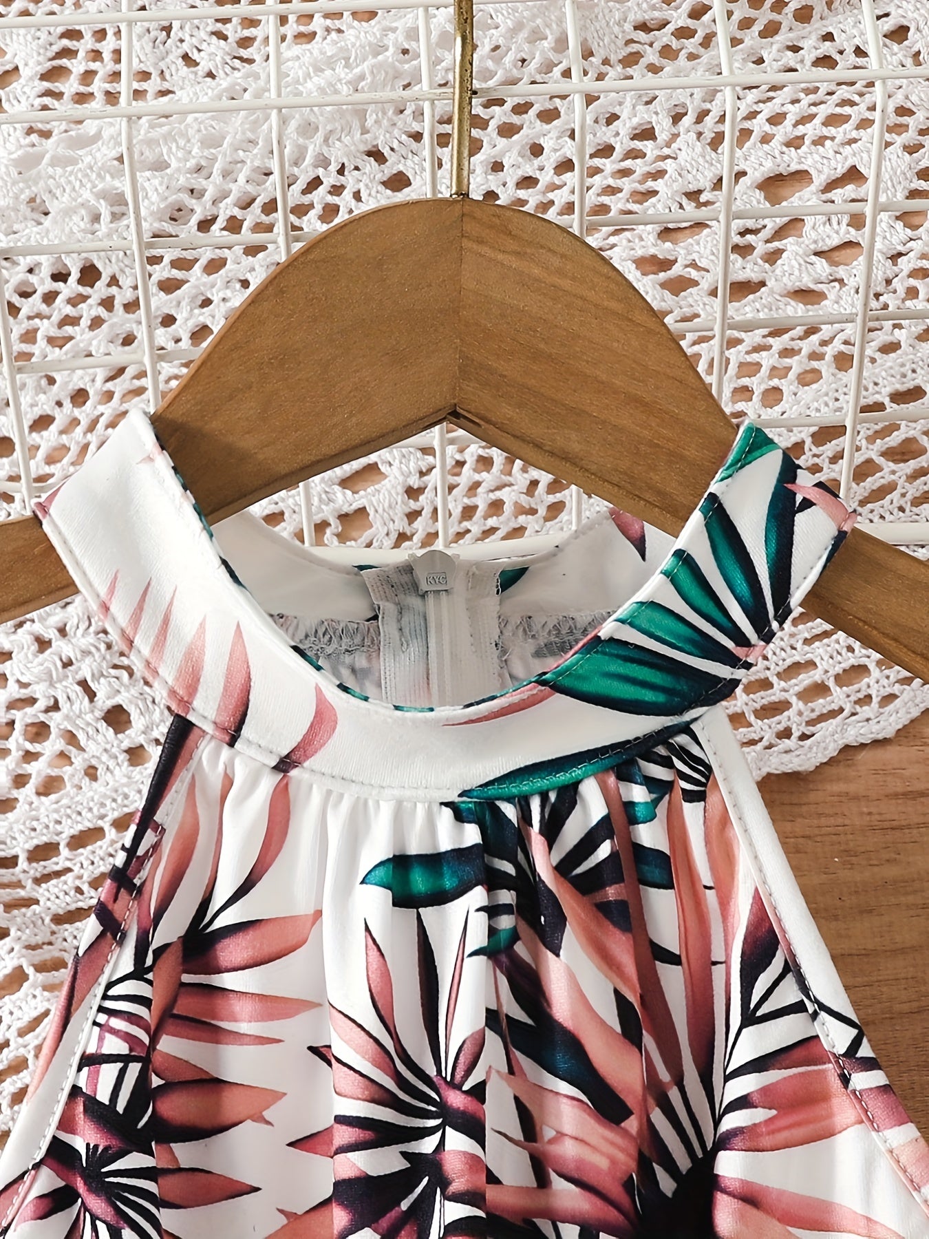 Girls' Leaf Print Halter Romper With Belt