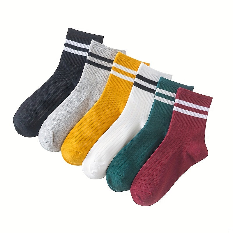 6 Pairs Striped Sports Socks - Comfy & Breathable College Style Socks