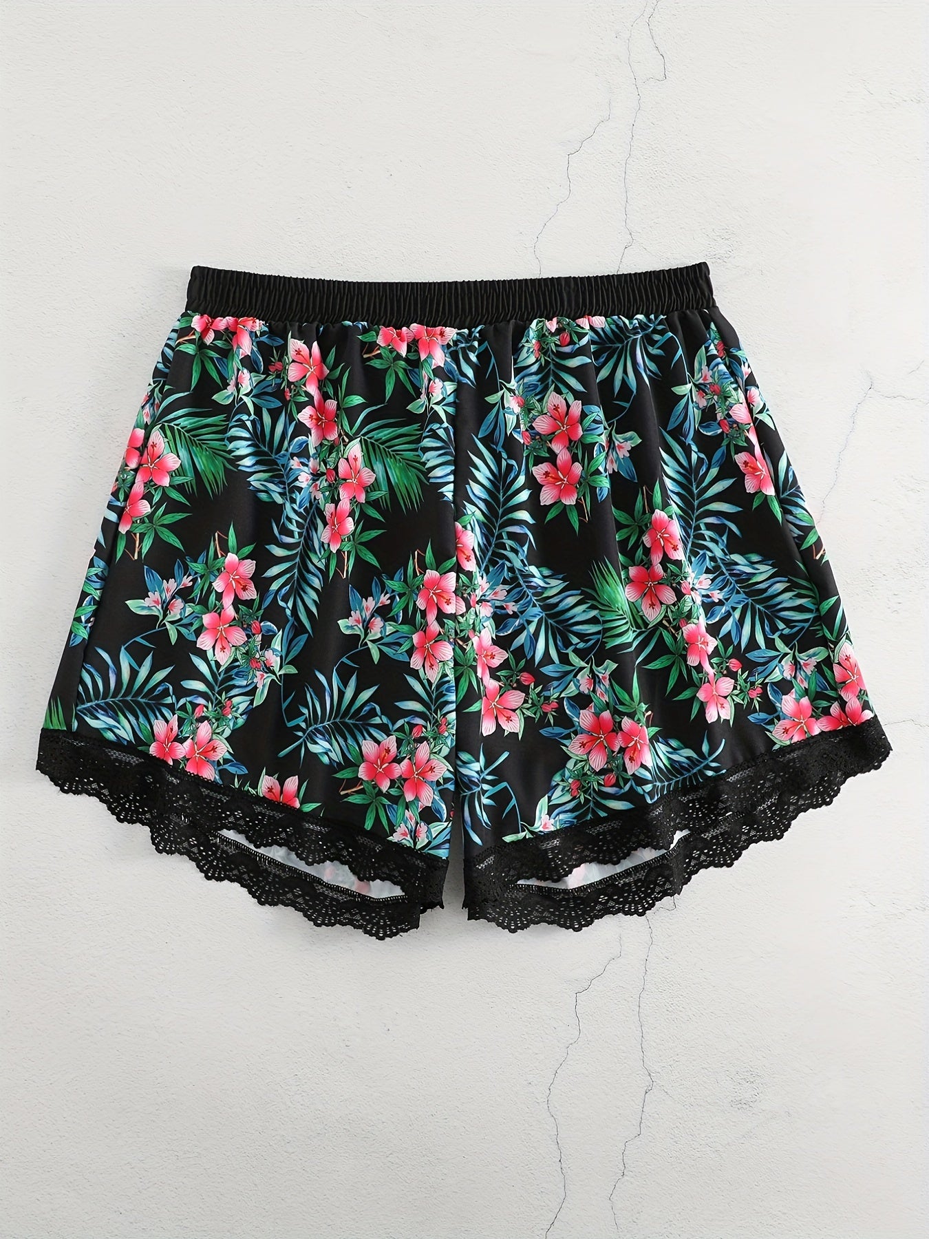  Rose Print Lace Elastic Stretch Shorts