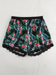  Rose Print Lace Elastic Stretch Shorts