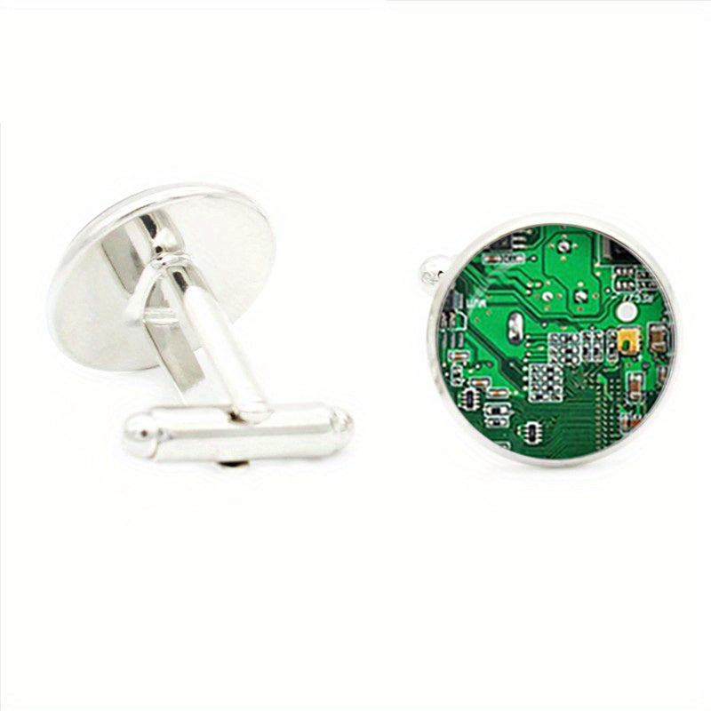 Circuit Board Photos Cufflinks Glass Gem Rhodium Plated Base Jewelry