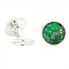 Circuit Board Photos Cufflinks Glass Gem Rhodium Plated Base Jewelry