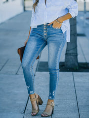  Casual Jeans Women's Plus Solid Ripped Button Up High Rise Medium
