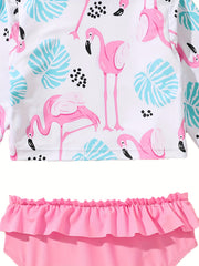 2pcs Girls Flamingo Sporty Swimsuit Set Long Sleeve Top Briefs