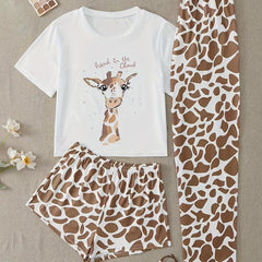 Giraffe Print Pajama Set Short Sleeve Crew Neck Top & Leopard Shorts & Pants