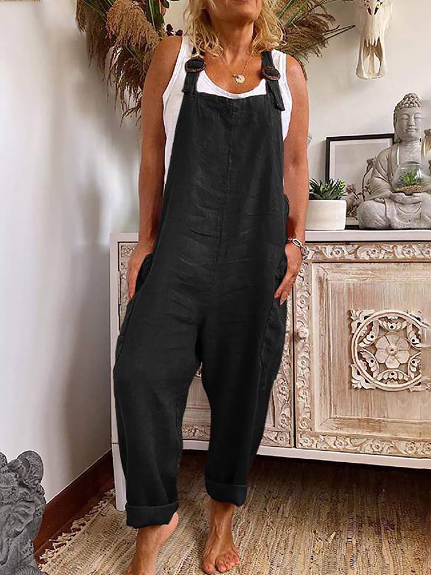 Solid Camisole Long Jumpsuit Sleeveless Side Pockets Women's Clothing