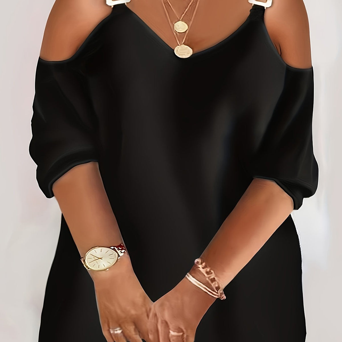  Cold Shoulder V Neck Stretch Mini Dress