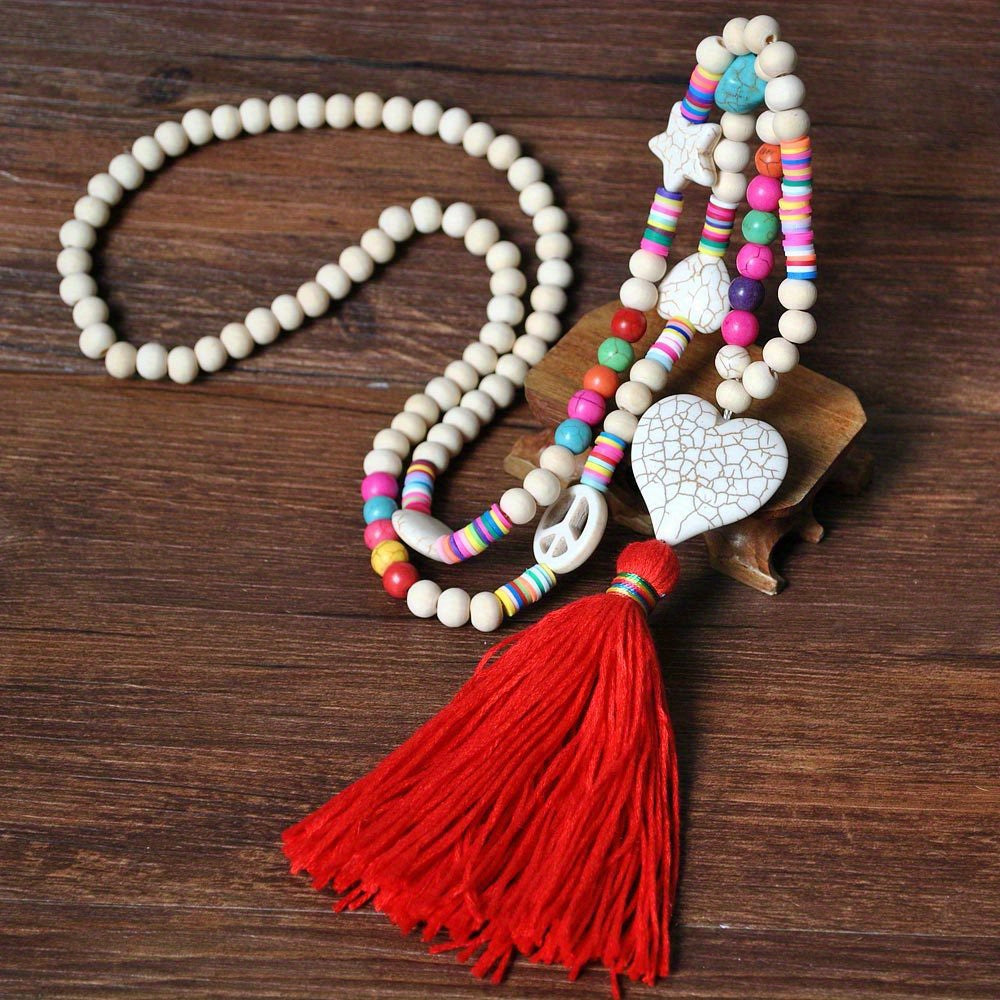 Colorful Beaded Tassel Long Necklace Stone Pendant Boho Summer Jewelry
